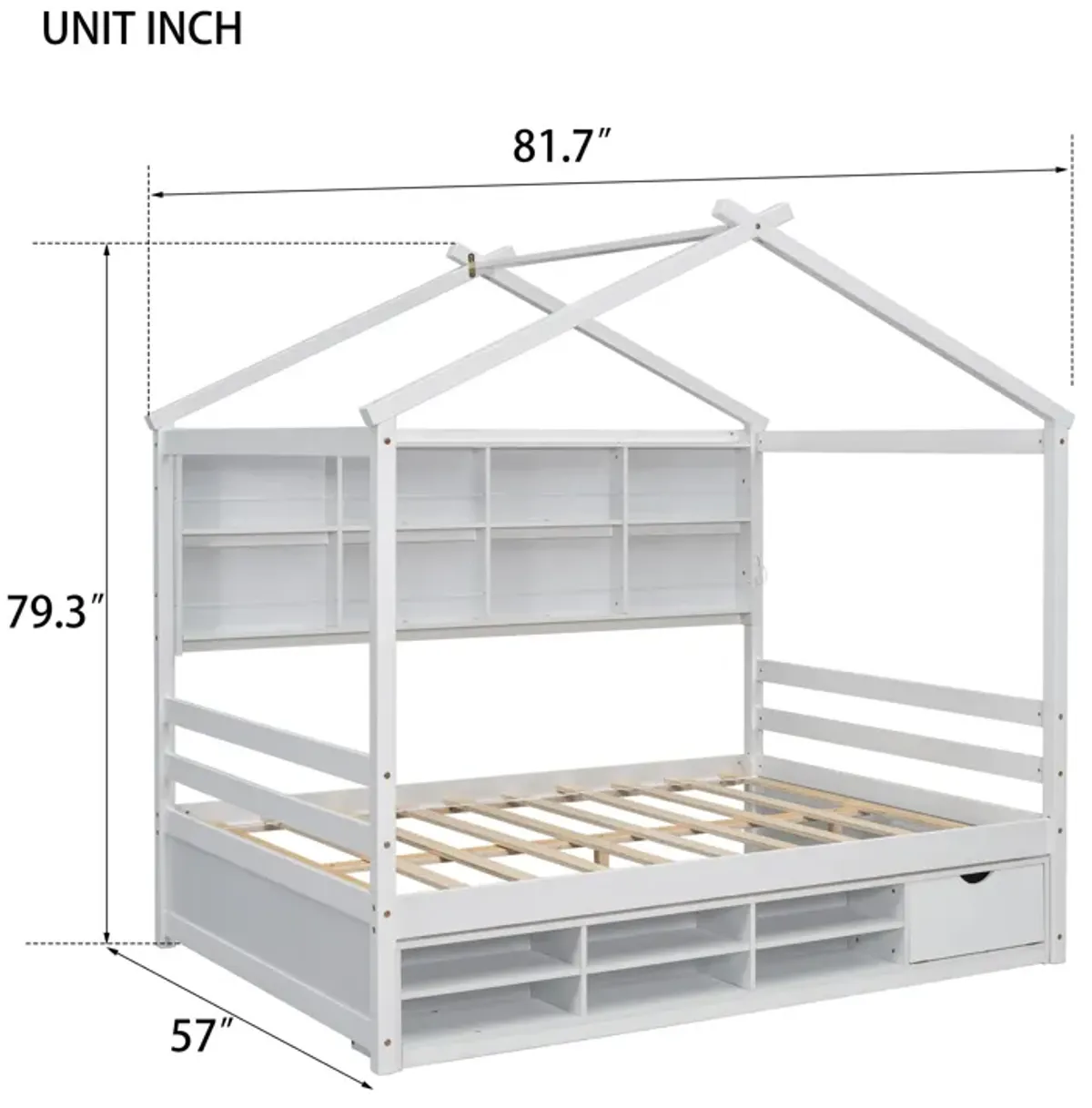 House Bed With Roof Frame, Bedside-Shelves, Under Bed Storage Unit