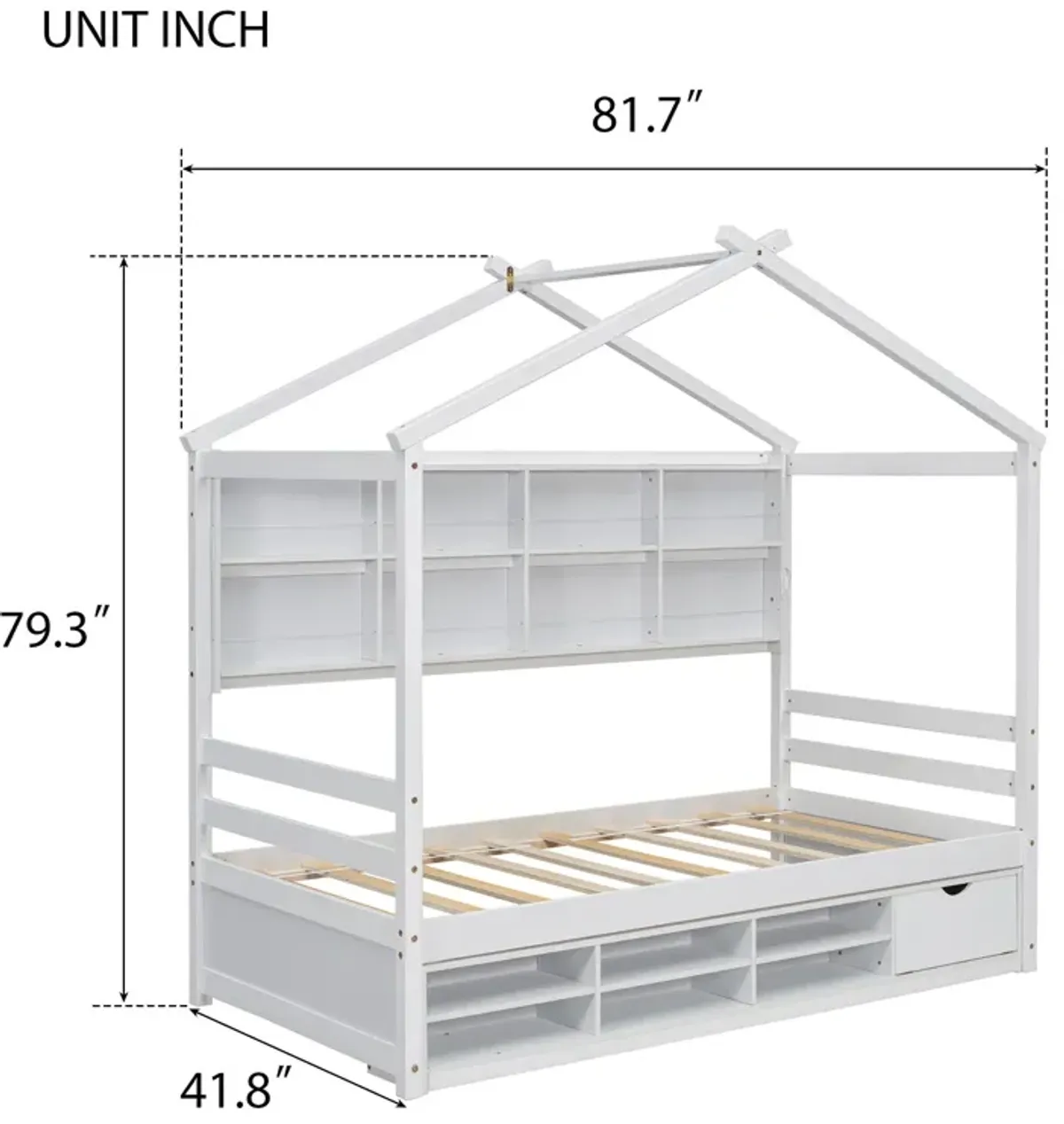 House Bed With Roof Frame, Bedside-Shelves, Under Bed Storage Unit