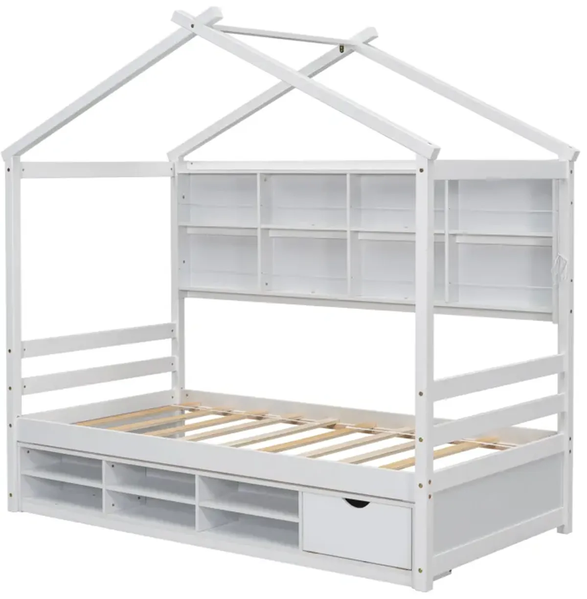 House Bed With Roof Frame, Bedside-Shelves, Under Bed Storage Unit