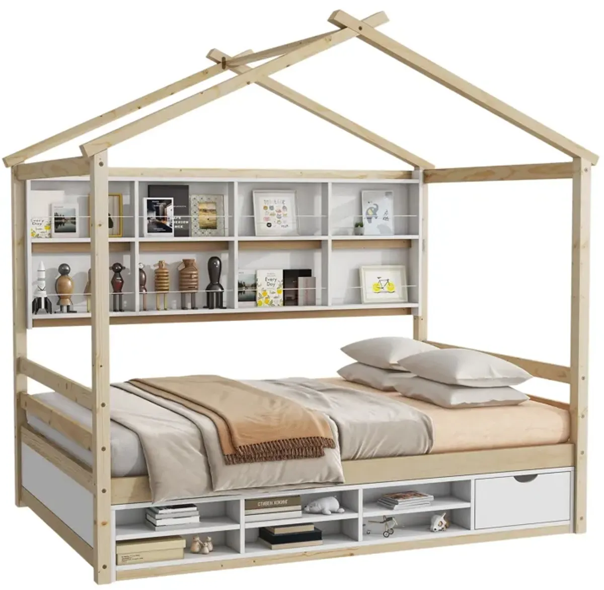 House Bed With Roof Frame, Bedside-Shelves, Under Bed Storage Unit