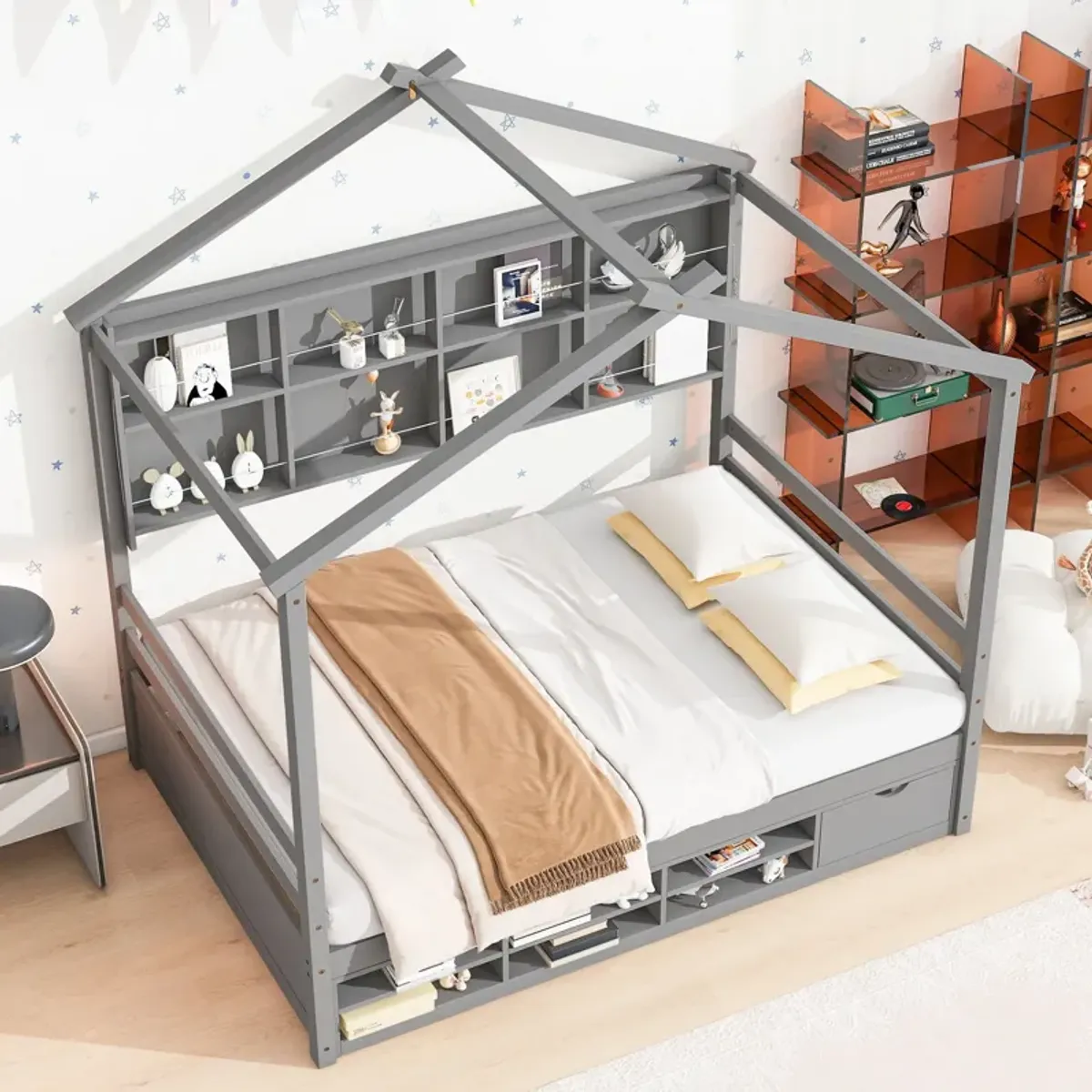 House Bed With Roof Frame, Bedside-Shelves, Under Bed Storage Unit