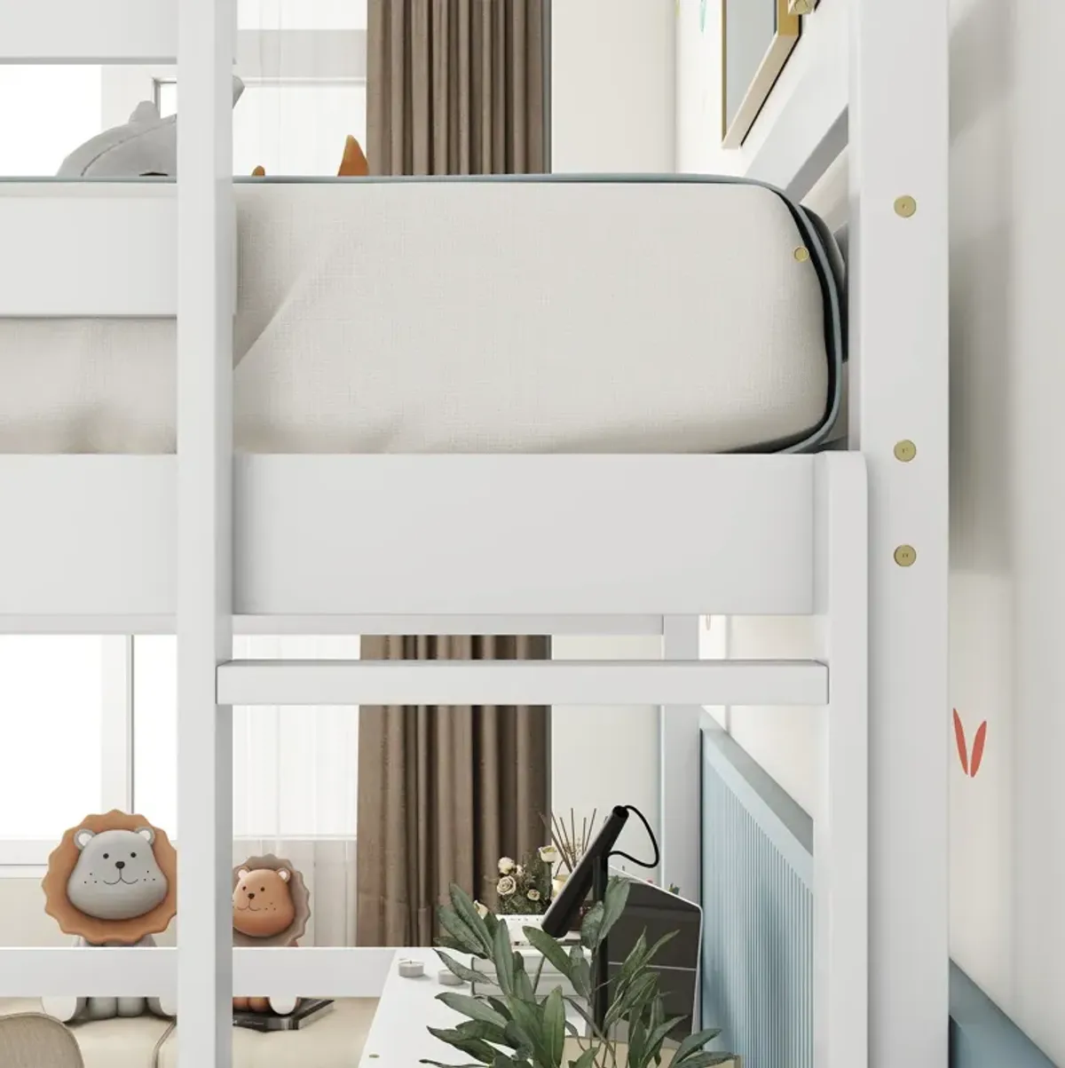 Loft Bed With Built-In Desk, Ladder Platform, Ladders, Guardrails