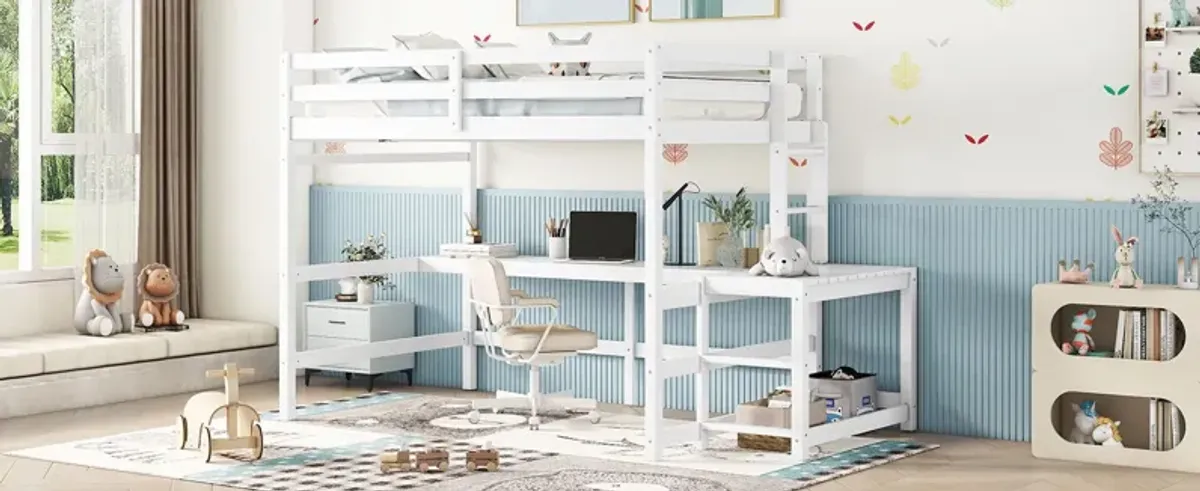 Loft Bed With Built-In Desk, Ladder Platform, Ladders, Guardrails