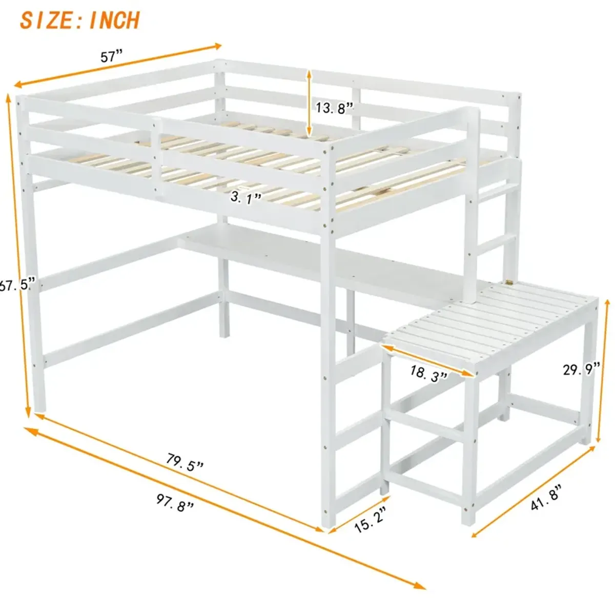 Loft Bed With Built-In Desk, Ladder Platform, Ladders, Guardrails