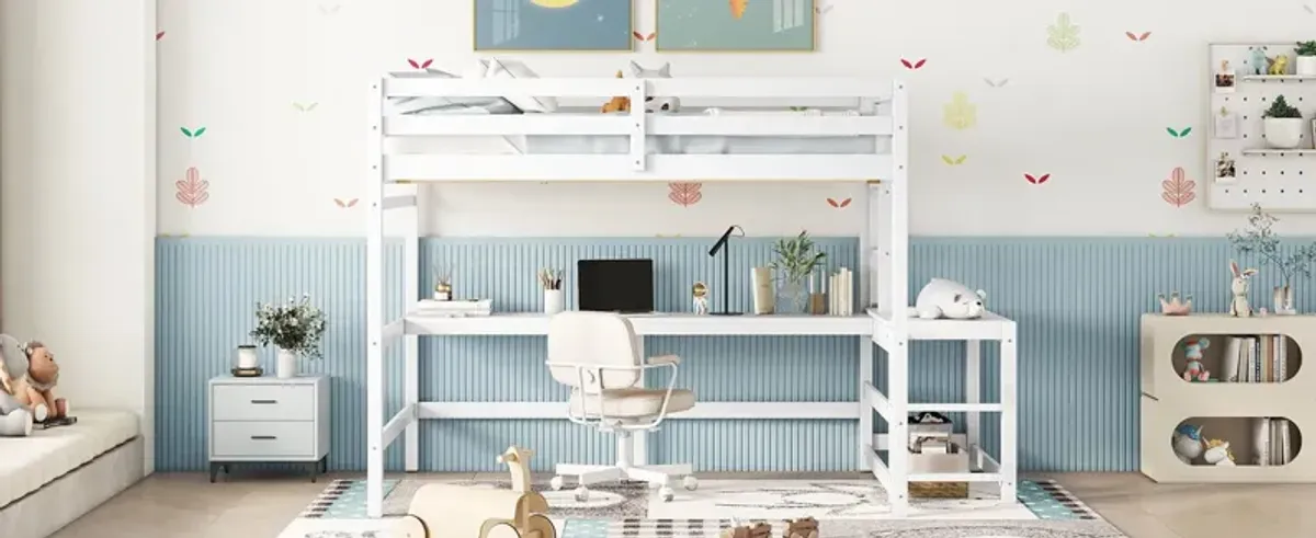 Loft Bed With Built-In Desk, Ladder Platform, Ladders, Guardrails