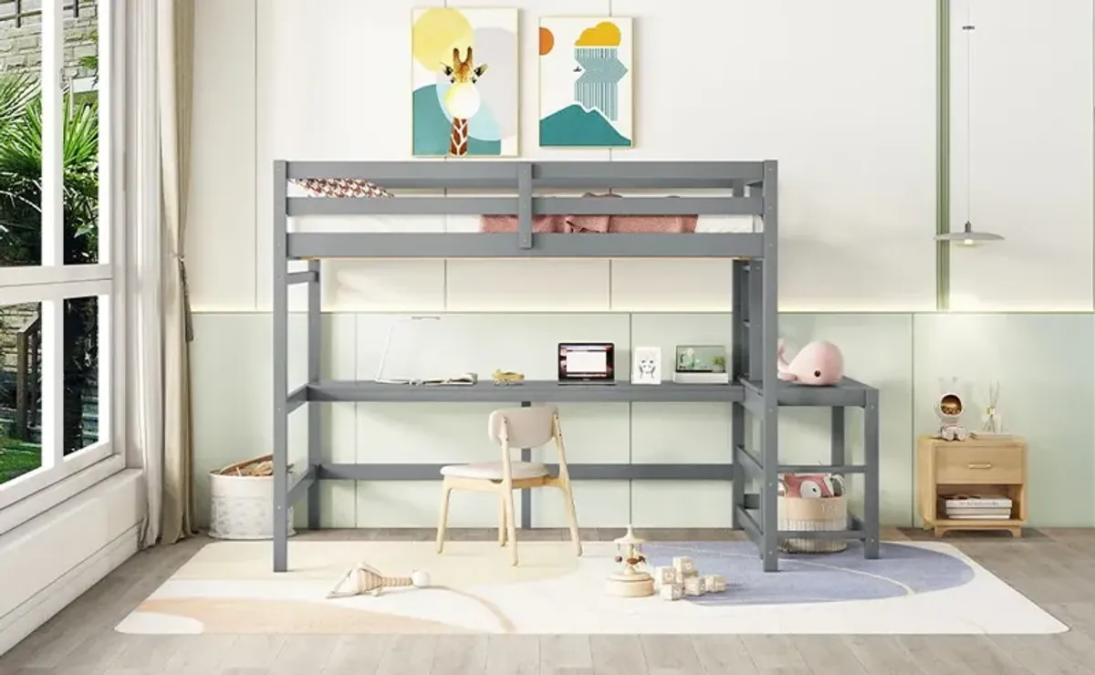 Loft Bed With Built-In Desk, Ladder Platform, Ladders, Guardrails