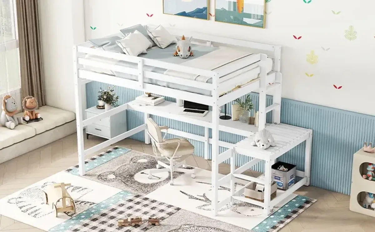 Loft Bed With Built-In Desk, Ladder Platform, Ladders, Guardrails