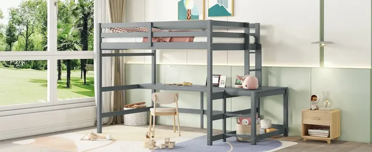 Loft Bed With Built-In Desk, Ladder Platform, Ladders, Guardrails