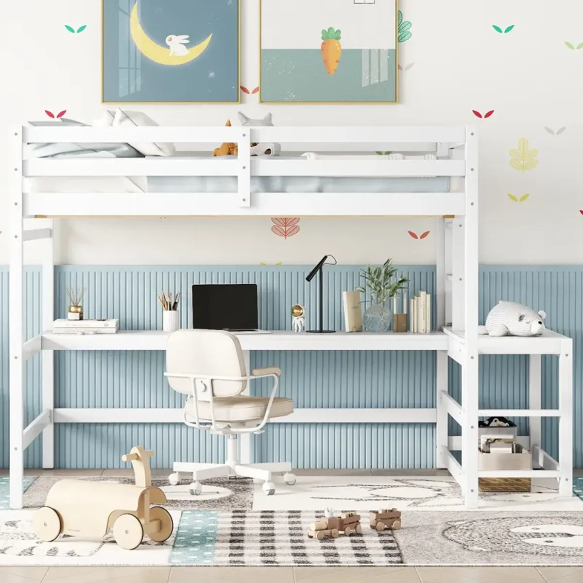 Loft Bed With Built-In Desk, Ladder Platform, Ladders, Guardrails