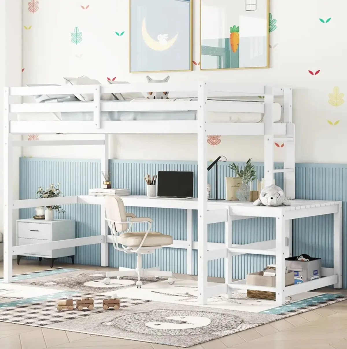 Loft Bed With Built-In Desk, Ladder Platform, Ladders, Guardrails