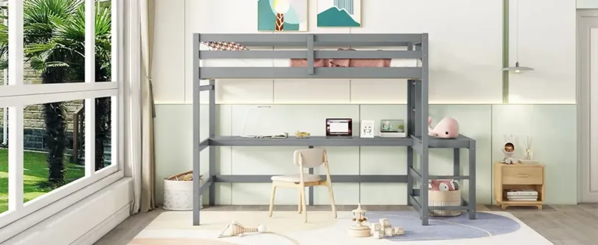 Loft Bed With Built-In Desk, Ladder Platform, Ladders, Guardrails