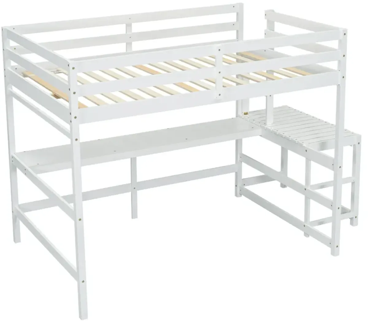 Loft Bed With Built-In Desk, Ladder Platform, Ladders, Guardrails