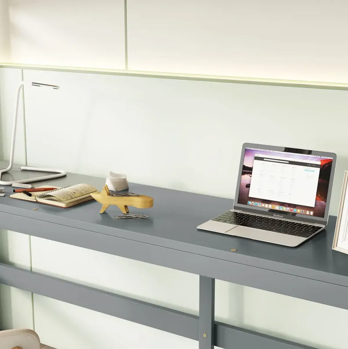 Loft Bed With Built-In Desk, Ladder Platform, Ladders, Guardrails