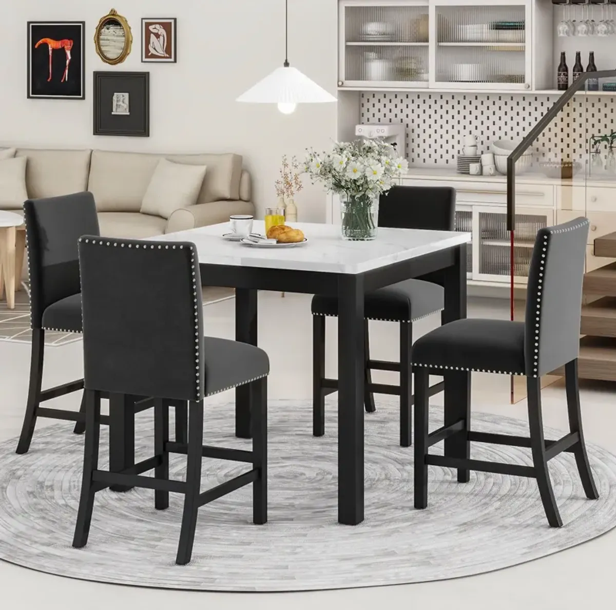 5-Piece Counter Height Dining Table Set With One Faux Marble Top Dining Table And Four Velvet Upholstered Chairs