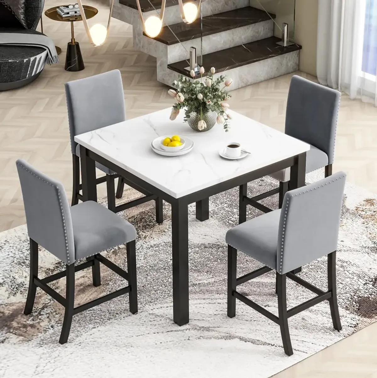 5-Piece Counter Height Dining Table Set With One Faux Marble Top Dining Table And Four Velvet Upholstered Chairs