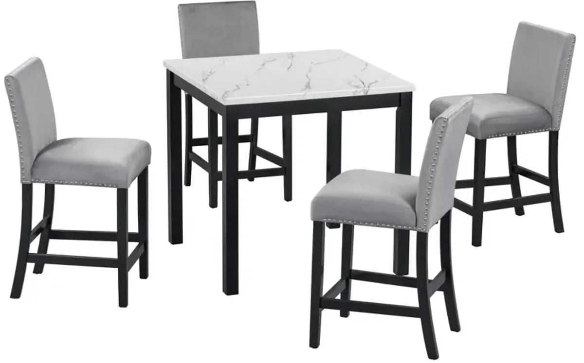 5-Piece Counter Height Dining Table Set With One Faux Marble Top Dining Table And Four Velvet Upholstered Chairs