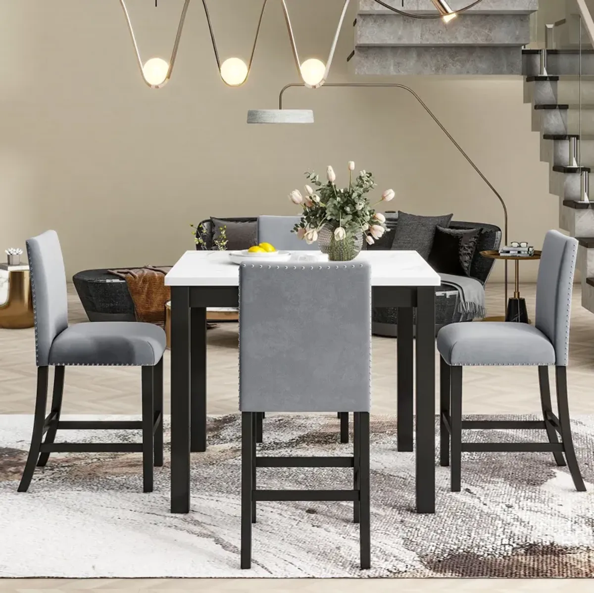 5-Piece Counter Height Dining Table Set With One Faux Marble Top Dining Table And Four Velvet Upholstered Chairs