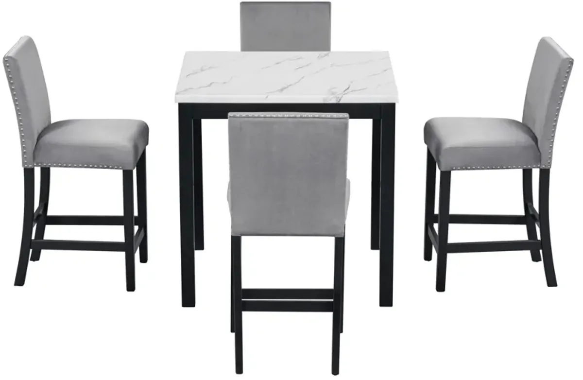 5-Piece Counter Height Dining Table Set With One Faux Marble Top Dining Table And Four Velvet Upholstered Chairs