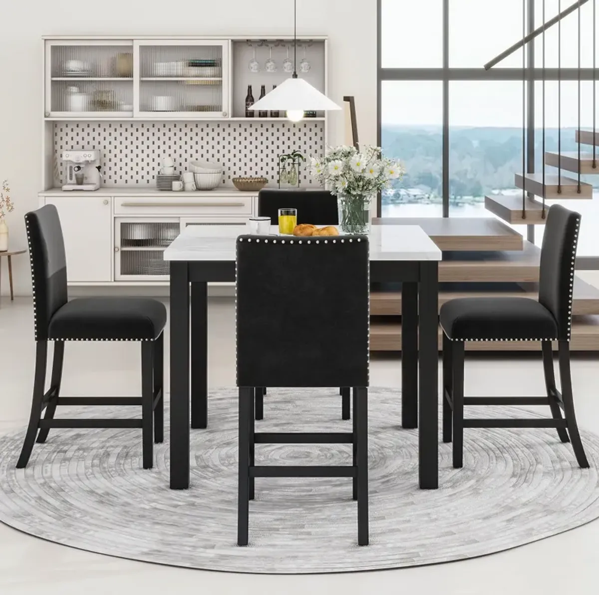 5-Piece Counter Height Dining Table Set With One Faux Marble Top Dining Table And Four Velvet Upholstered Chairs