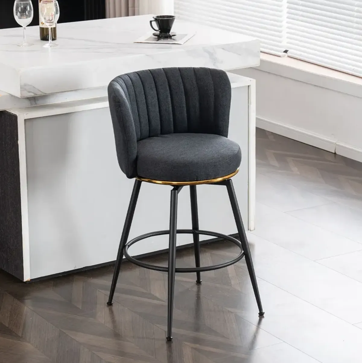 Swivel Bar Stools, High-Back, Adjustable, Upholstered With Elegant Metal Back Accents For Kitchen, Bar, Or Dining Room (Set of 2)