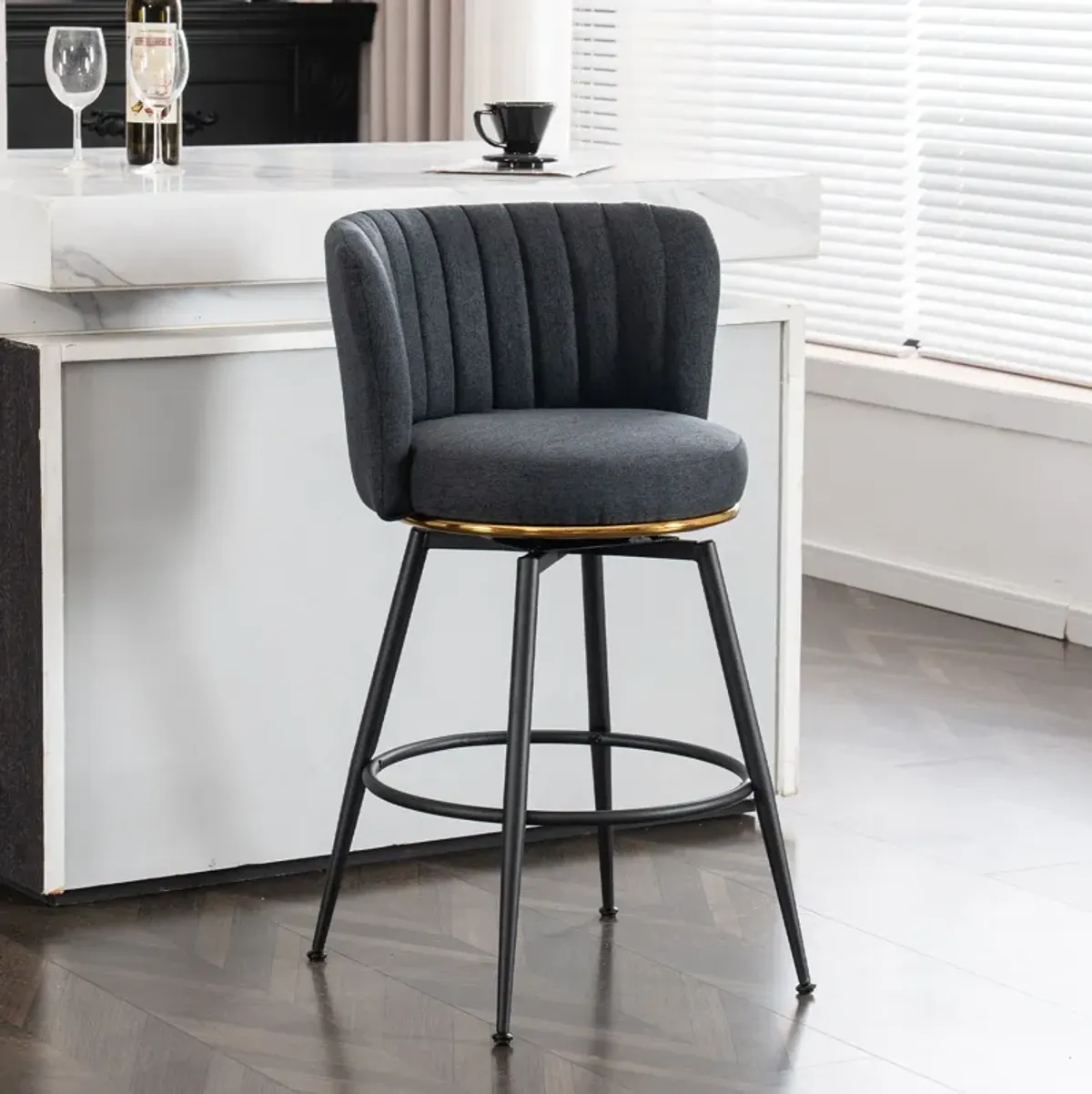 Swivel Bar Stools, High-Back, Adjustable, Upholstered With Elegant Metal Back Accents For Kitchen, Bar, Or Dining Room (Set of 2)