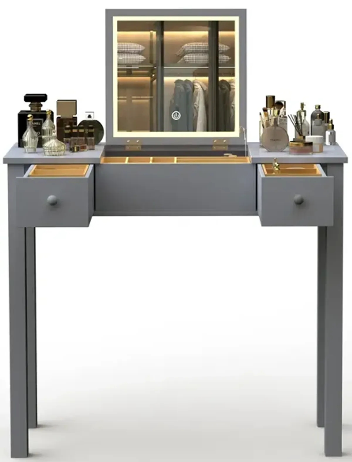 Vanity Table With LED Lights, Flip-Top Mirror And 2 Drawers, Jewelry Storage