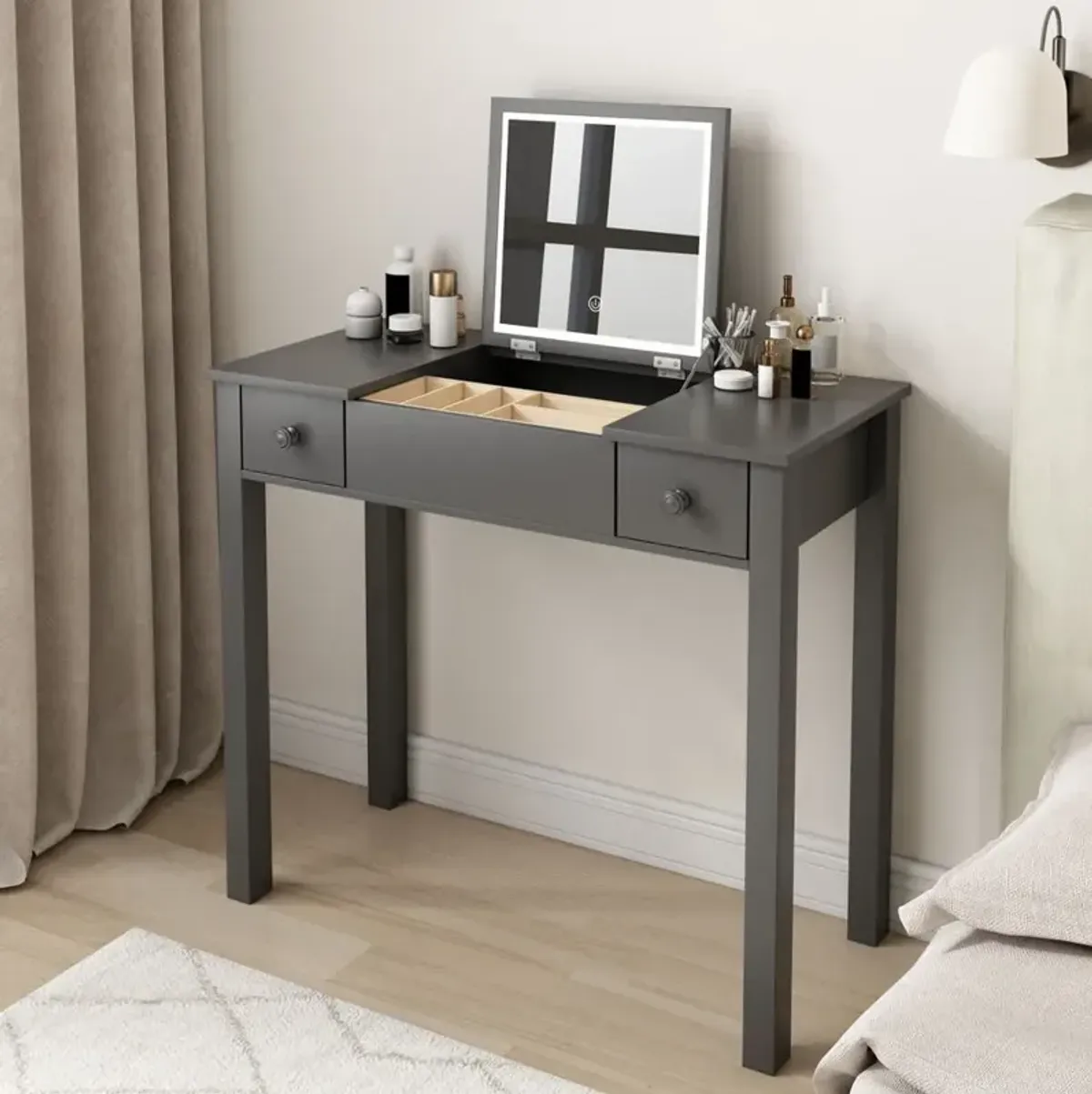 Vanity Table With LED Lights, Flip-Top Mirror And 2 Drawers, Jewelry Storage