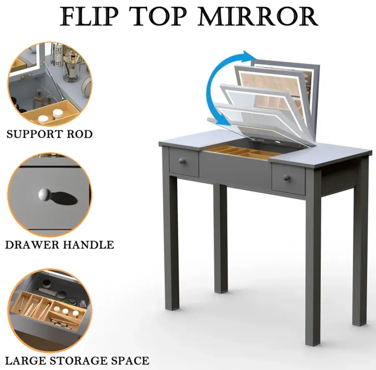 Vanity Table With LED Lights, Flip-Top Mirror And 2 Drawers, Jewelry Storage