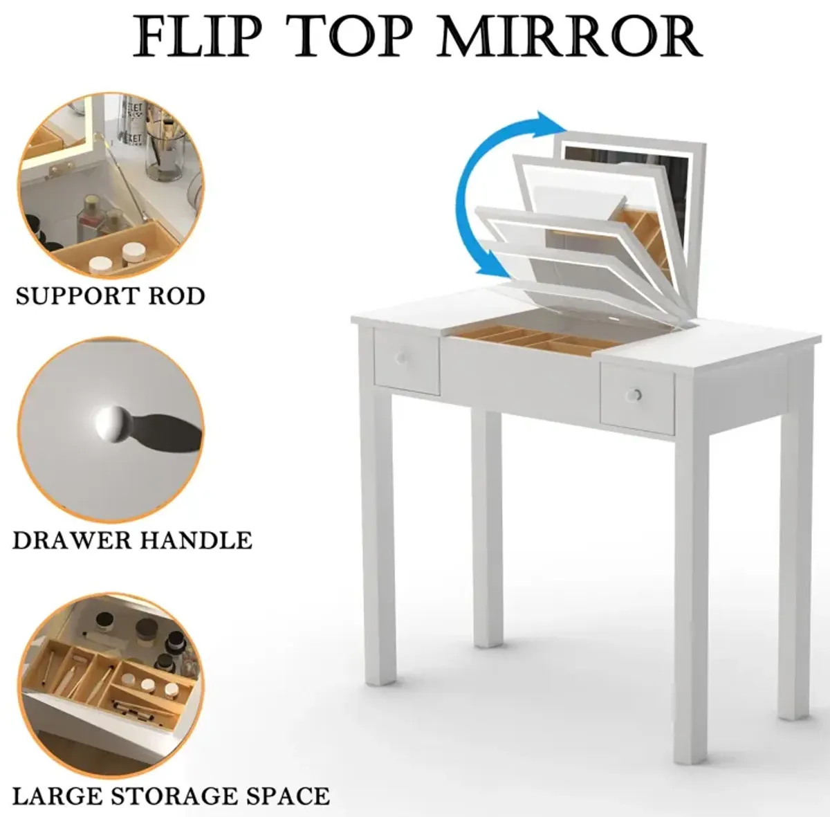 Vanity Table With LED Lights, Flip-Top Mirror And 2 Drawers, Jewelry Storage