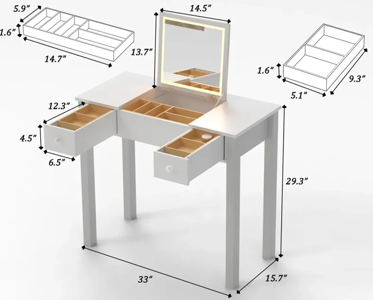 Vanity Table With LED Lights, Flip-Top Mirror And 2 Drawers, Jewelry Storage