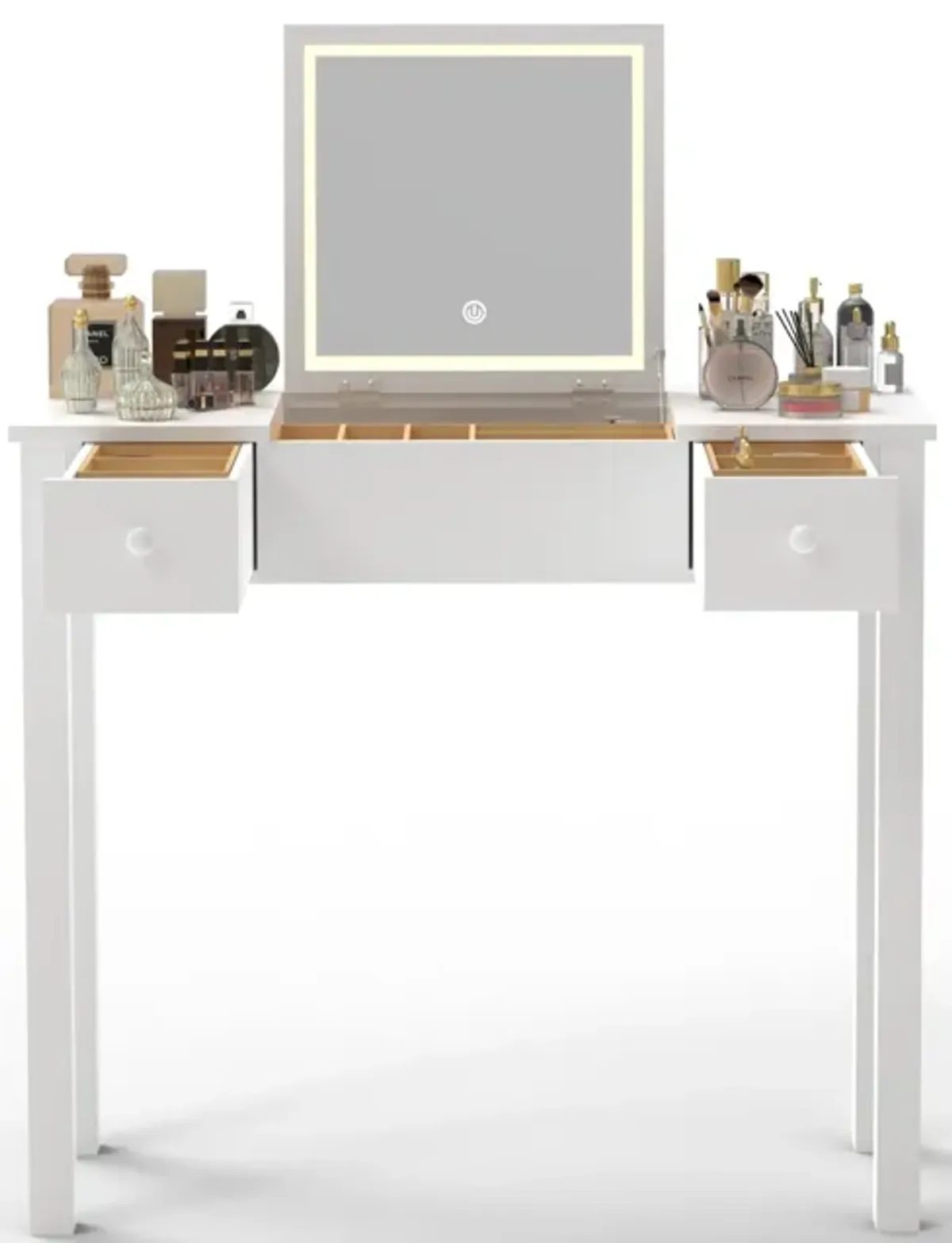 Vanity Table With LED Lights, Flip-Top Mirror And 2 Drawers, Jewelry Storage