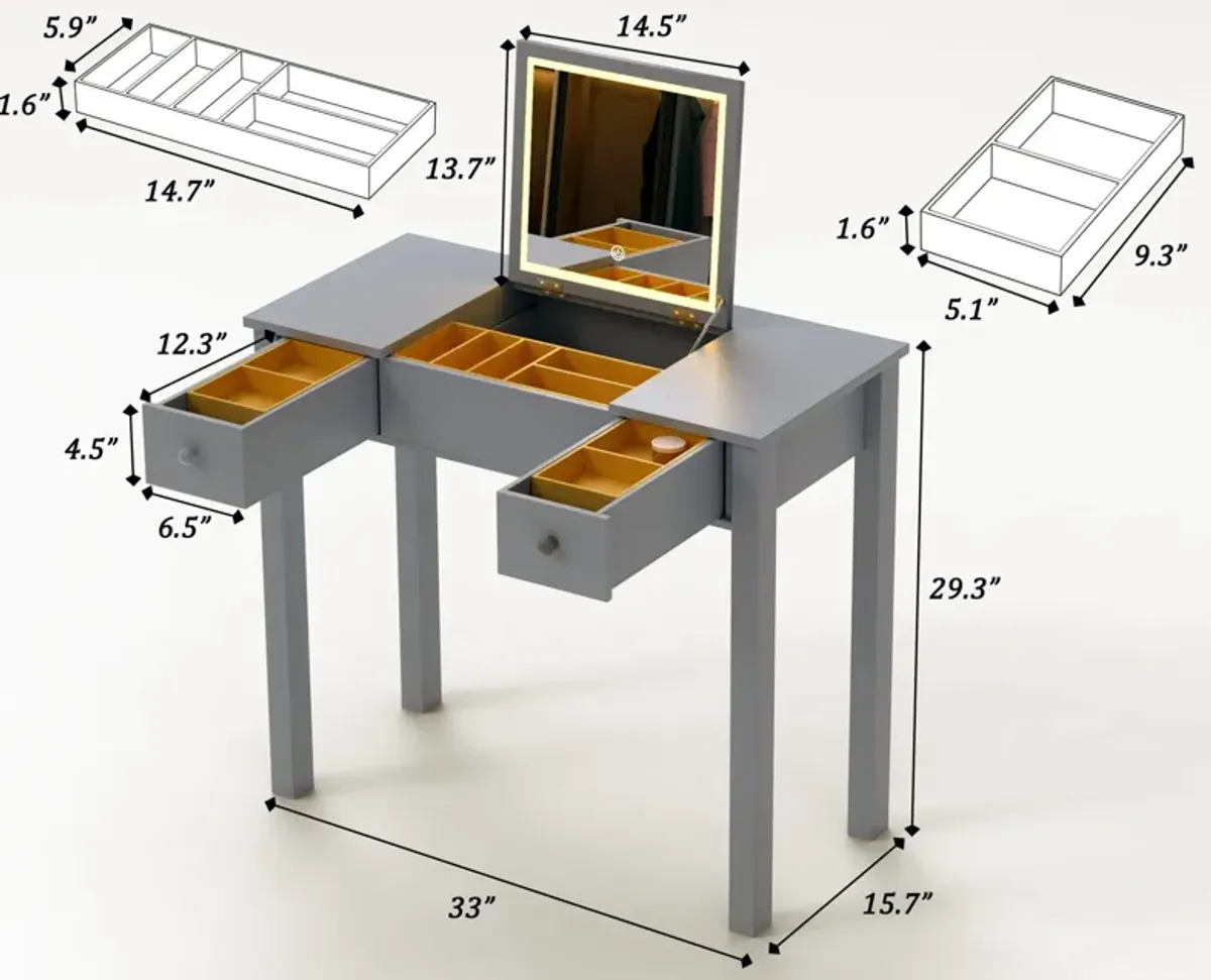 Vanity Table With LED Lights, Flip-Top Mirror And 2 Drawers, Jewelry Storage