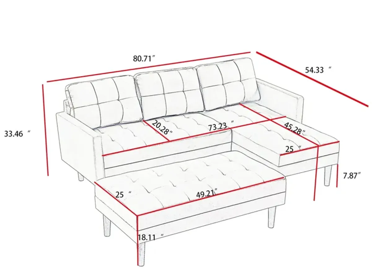 Right Facing Sectional Sofa Bed, L-Shape Sofa Chaise Lounge With Ottoman Bench