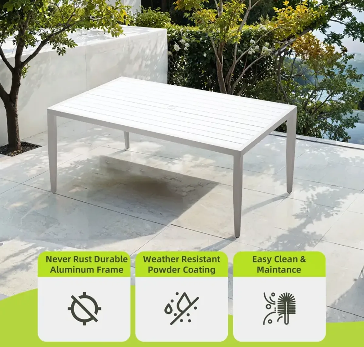 Outdoor Patio Rectangle Dining Table With Tapered Feet & Umbrella Hole