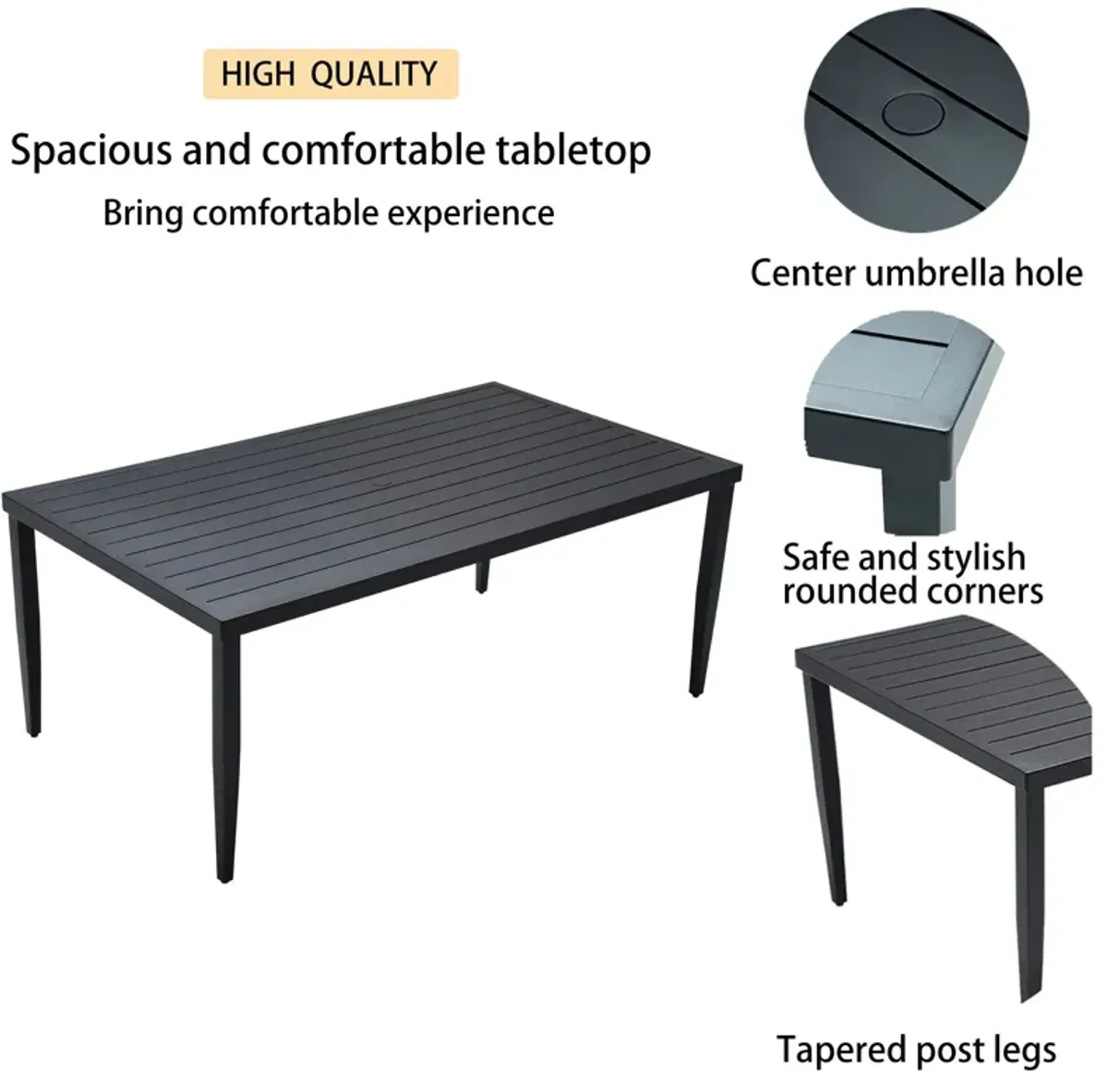 Outdoor Patio Rectangle Dining Table With Tapered Feet & Umbrella Hole