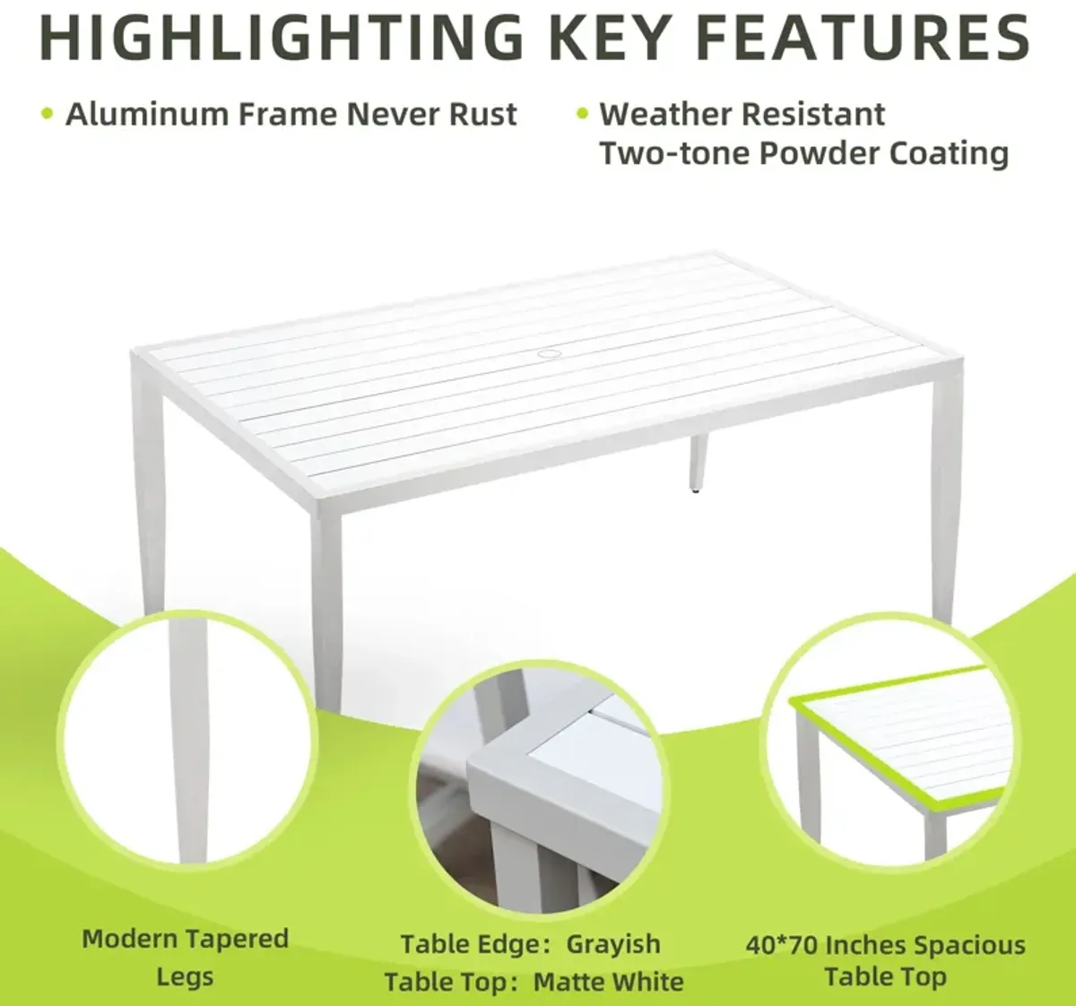 Outdoor Patio Rectangle Dining Table With Tapered Feet & Umbrella Hole