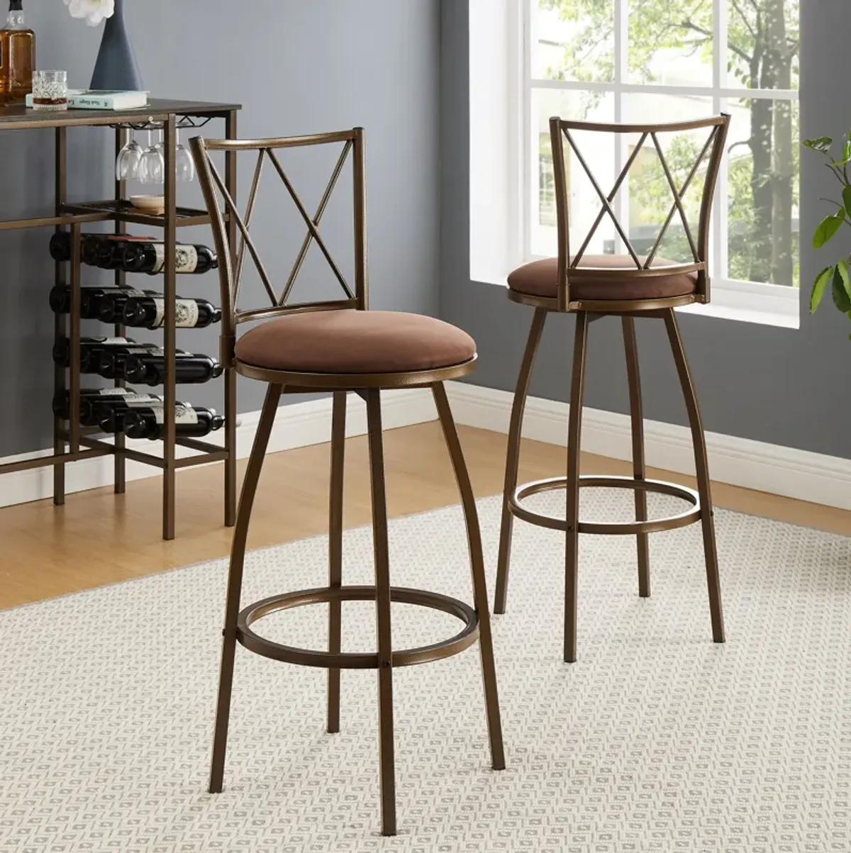 Bar Stools, Bar Chairs With Footrest (Set of 2) - Brown