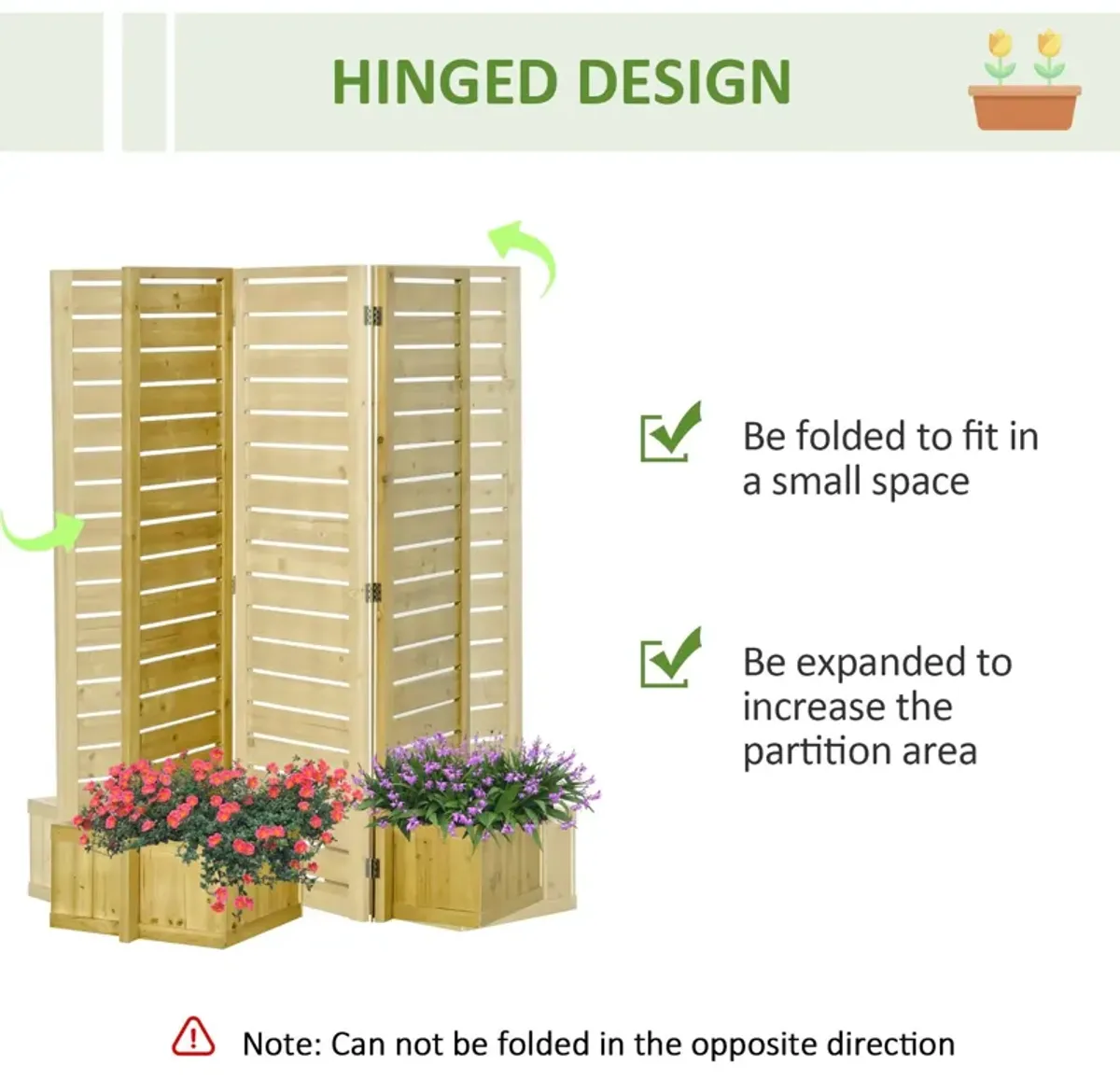 Outsunny - Freestanding Outdoor Privacy Screen, 4 Self-Draining Planters / Raised Garden Beds, 3 Hinged Panels For Hot Tub, Patio, Backyard, Deck - Natural