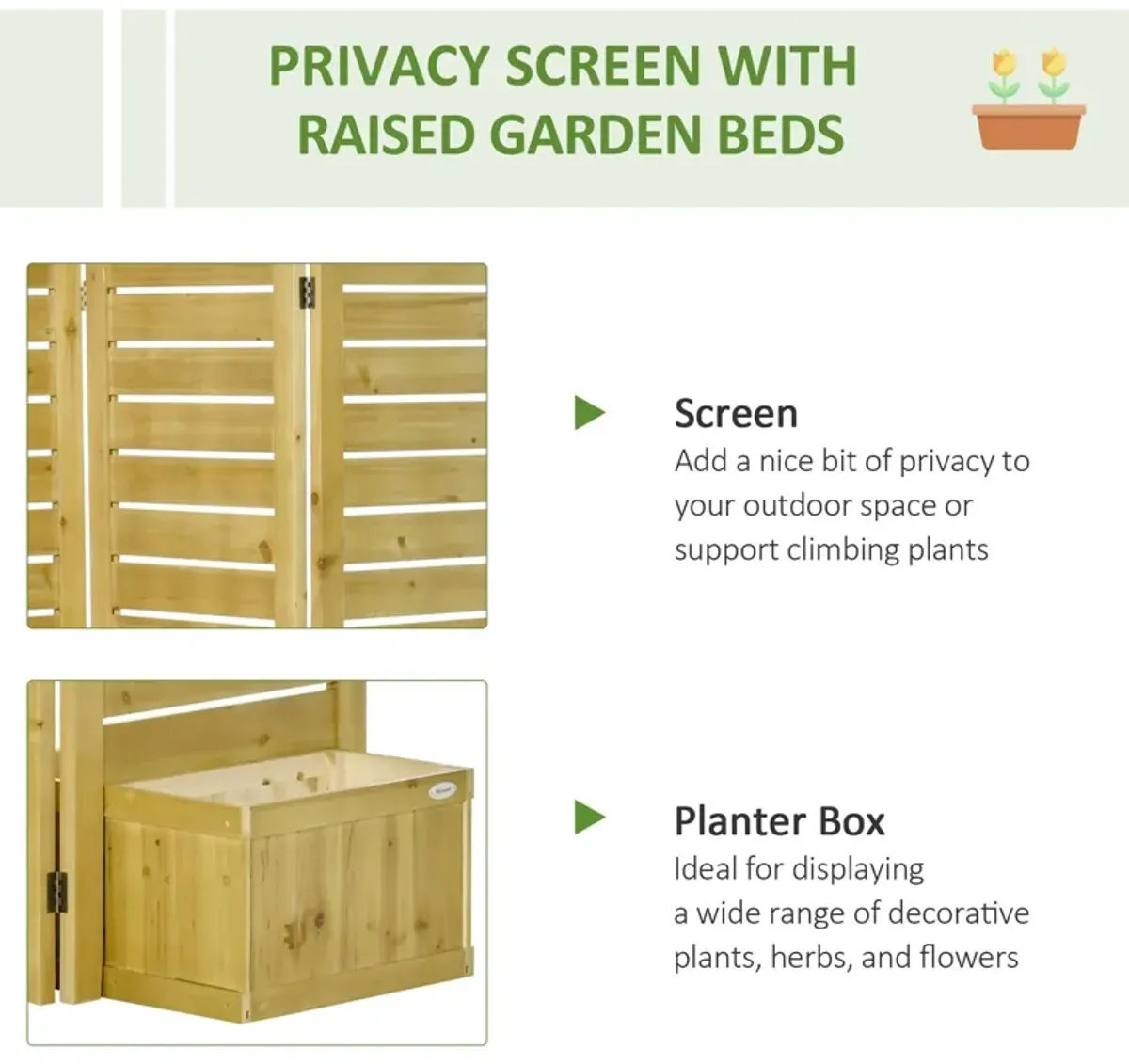 Outsunny - Freestanding Outdoor Privacy Screen, 4 Self-Draining Planters / Raised Garden Beds, 3 Hinged Panels For Hot Tub, Patio, Backyard, Deck - Natural