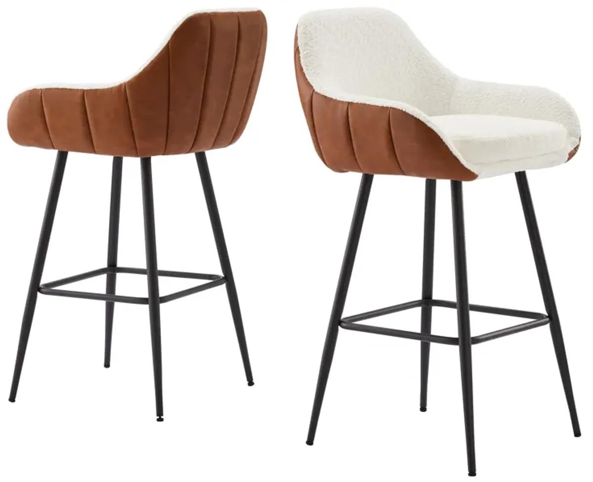 Modern Counter Height Bar Stools (Set of 2), Mid-Century Leather Upholstered Accent Arm Bar Stools, Leisure Side Chair With Metal Legs For Kitchen & Dining Room - Dark Brown / White