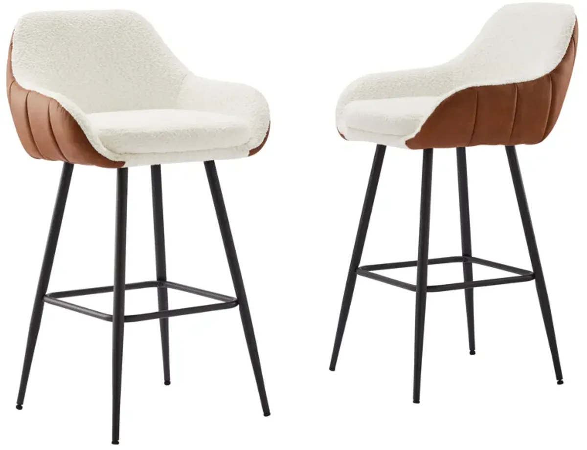 Modern Counter Height Bar Stools (Set of 2), Mid-Century Leather Upholstered Accent Arm Bar Stools, Leisure Side Chair With Metal Legs For Kitchen & Dining Room - Dark Brown / White