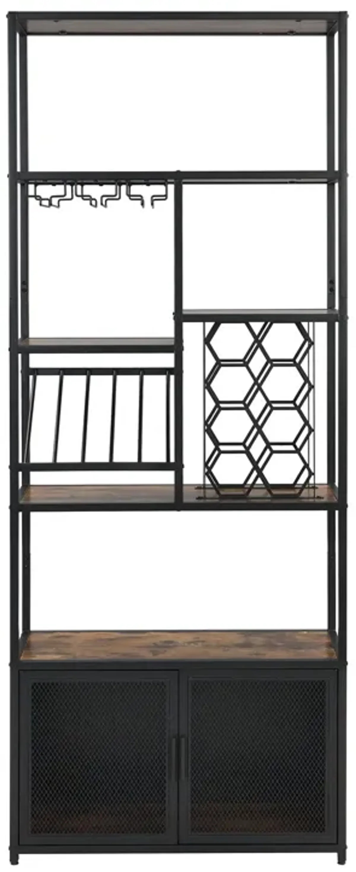 82.7" Industrial Standing Wine Rack With Glass Rack Tall Freestanding Floor Bar Cabinet - Walnut / Black