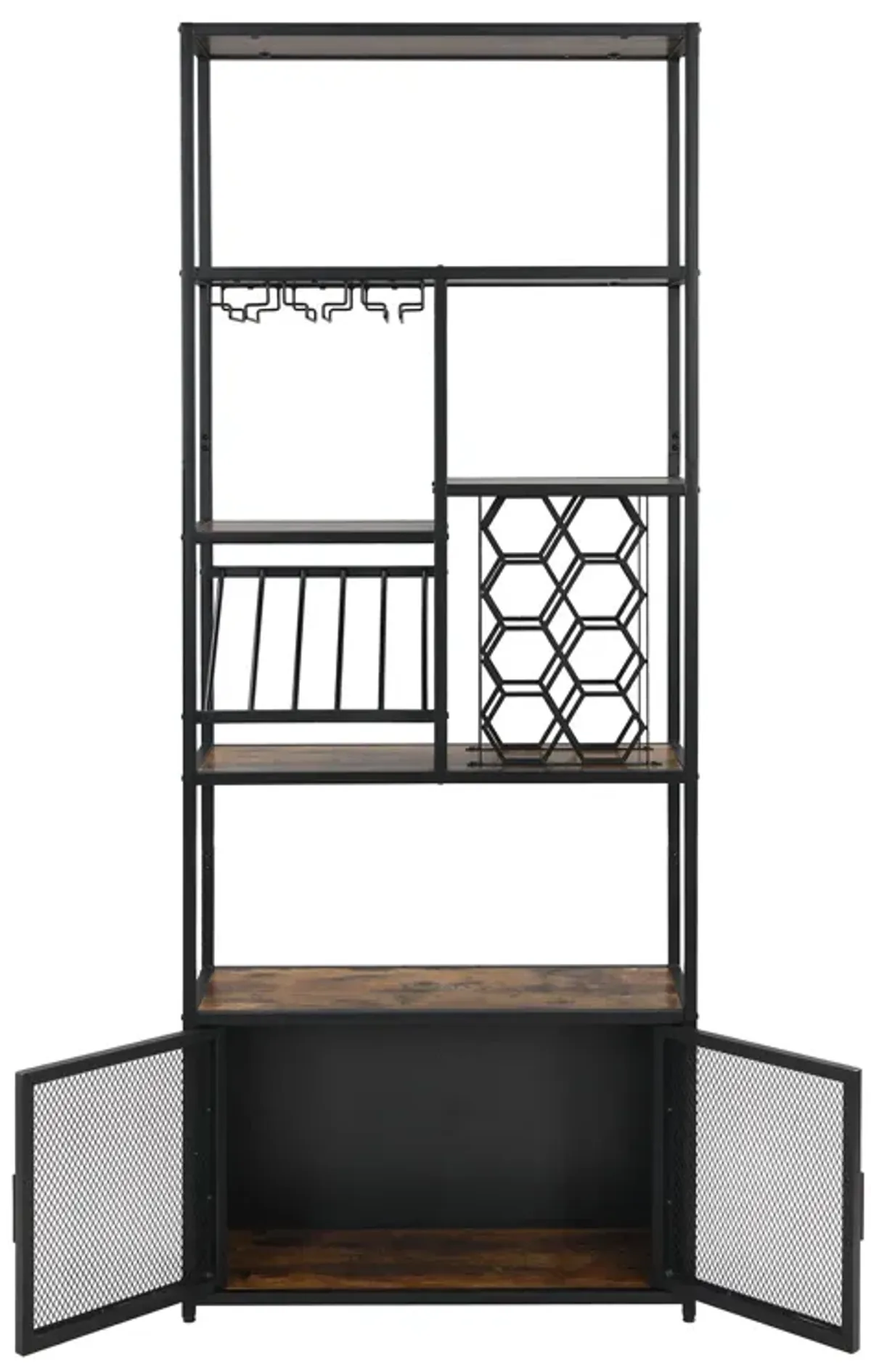 82.7" Industrial Standing Wine Rack With Glass Rack Tall Freestanding Floor Bar Cabinet - Walnut / Black