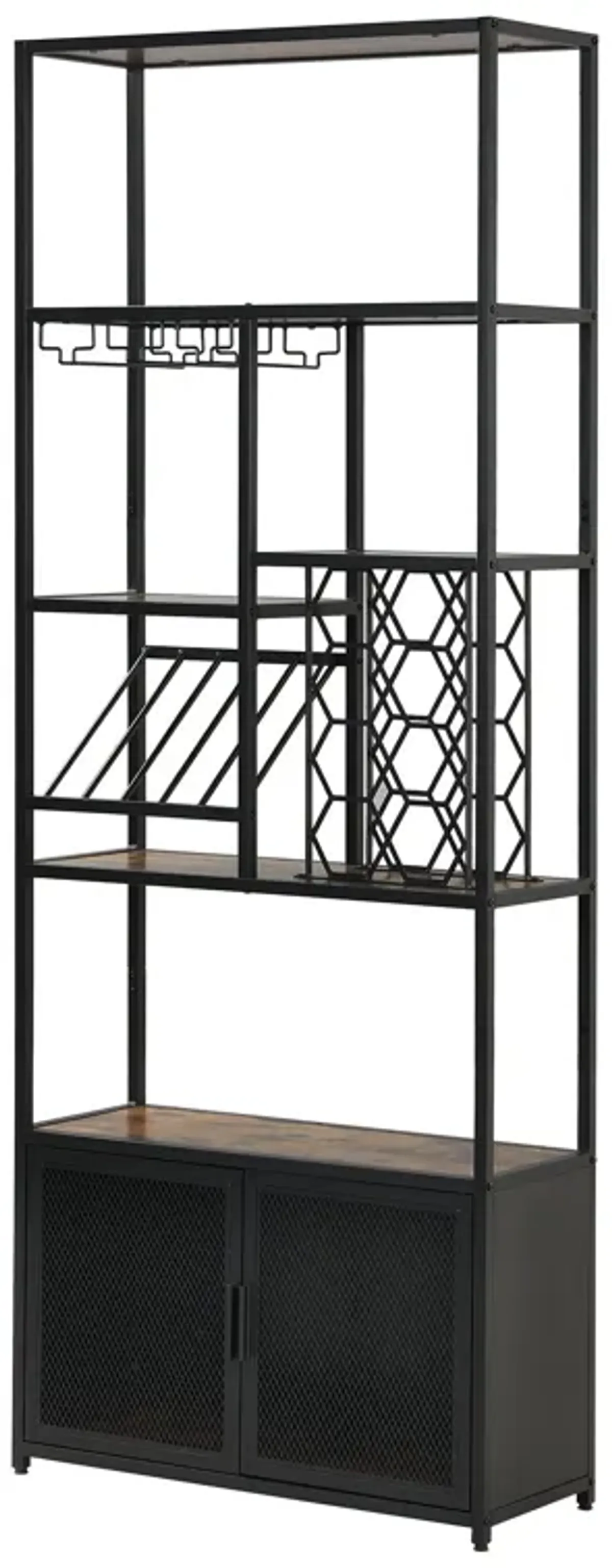 82.7" Industrial Standing Wine Rack With Glass Rack Tall Freestanding Floor Bar Cabinet - Walnut / Black