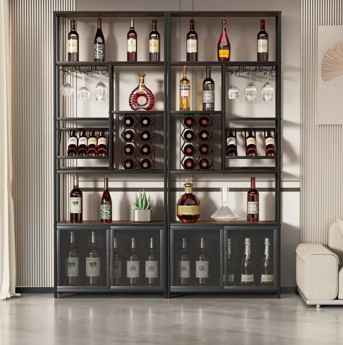 82.7" Industrial Standing Wine Rack With Glass Rack Tall Freestanding Floor Bar Cabinet - Walnut / Black