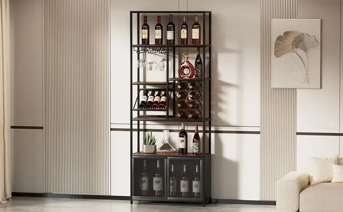 82.7" Industrial Standing Wine Rack With Glass Rack Tall Freestanding Floor Bar Cabinet - Walnut / Black