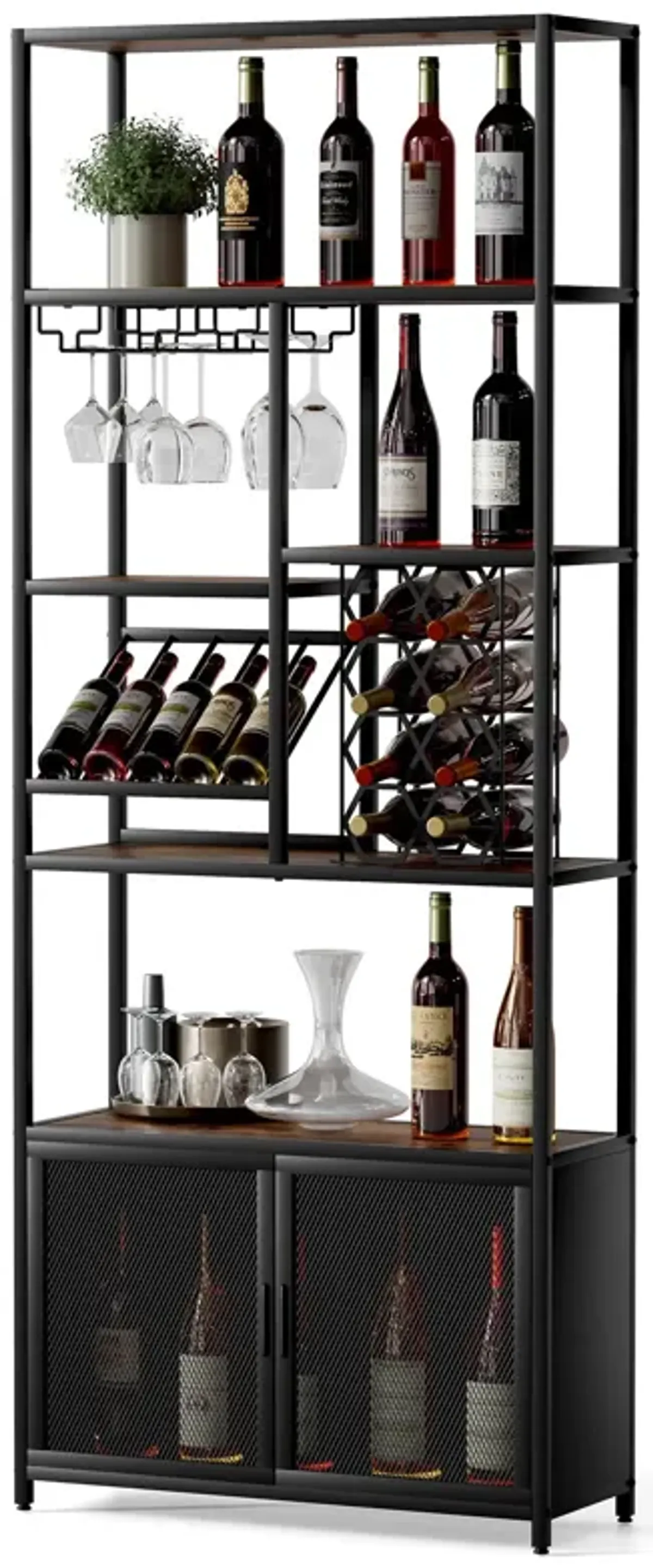 82.7" Industrial Standing Wine Rack With Glass Rack Tall Freestanding Floor Bar Cabinet - Walnut / Black