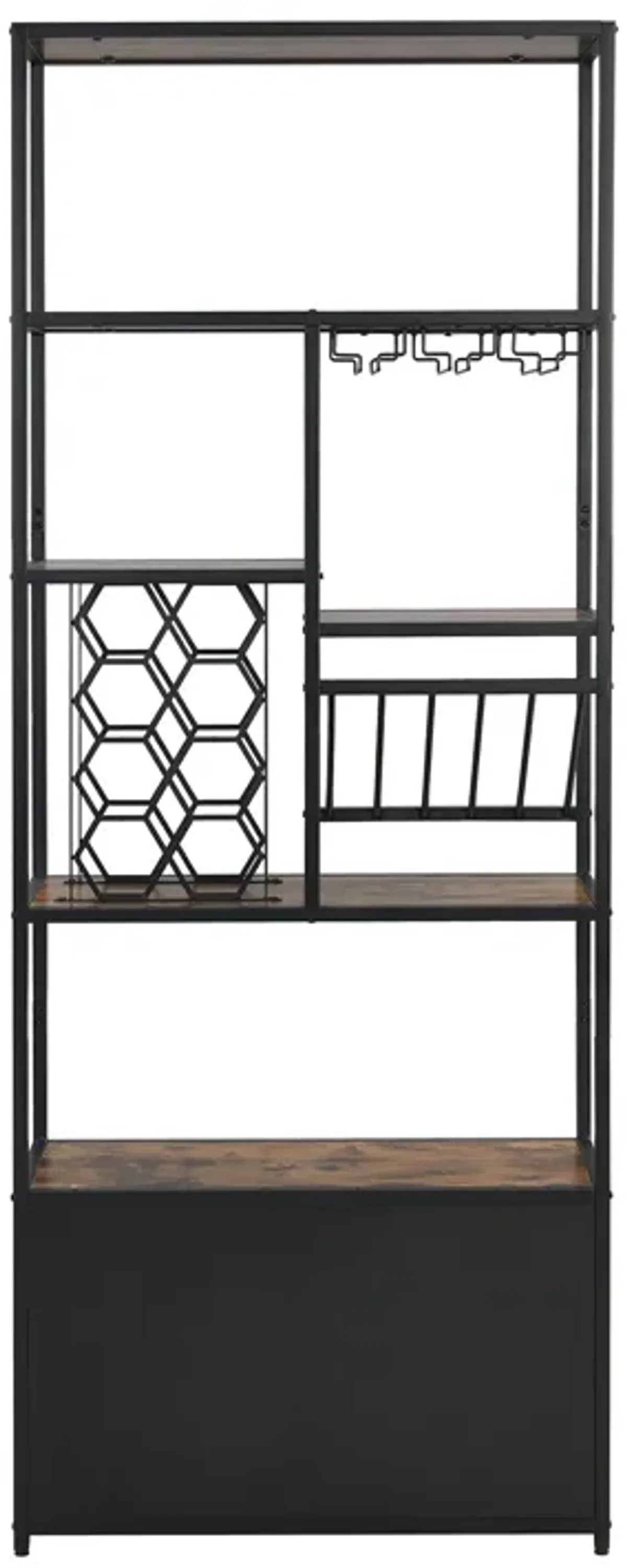 82.7" Industrial Standing Wine Rack With Glass Rack Tall Freestanding Floor Bar Cabinet - Walnut / Black