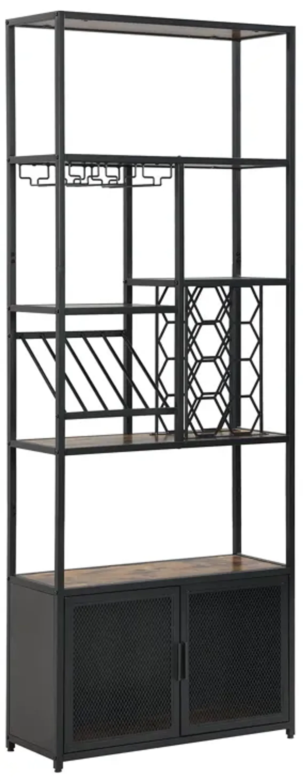 82.7" Industrial Standing Wine Rack With Glass Rack Tall Freestanding Floor Bar Cabinet - Walnut / Black