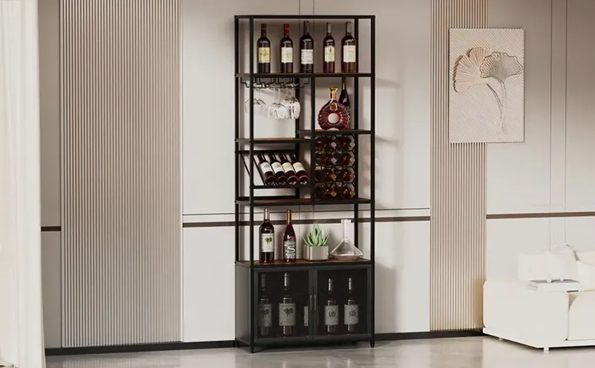 82.7" Industrial Standing Wine Rack With Glass Rack Tall Freestanding Floor Bar Cabinet - Walnut / Black